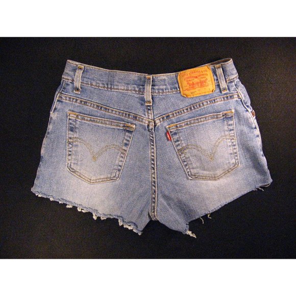 LEVIS Zipper 550 CUTOFF JEAN SHORTS 27 RELAXED Juniors Red Tab STRETCH Blue - Picture 2 of 11